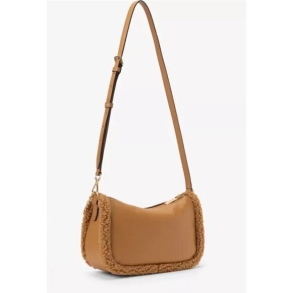 Michael Kors Carmela Pochette Cross Body Bag Leather Shearling Faux Fur Trim - Picture 2 of 4